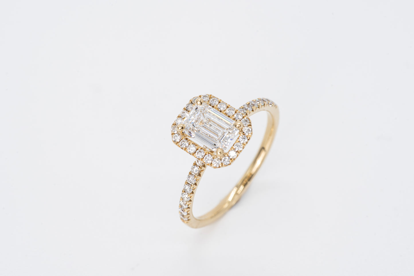 AURELINE - 18CT Yellow Gold, Emerald Cut Halo Ring