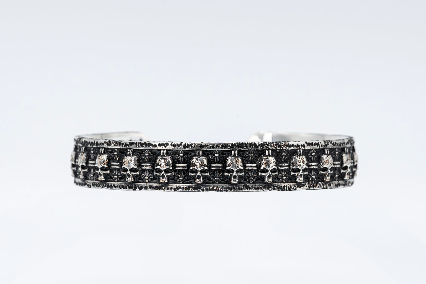 SS925 Skull Engraved Solid Silver Bracelet with 14K Yellow Gold Flecks