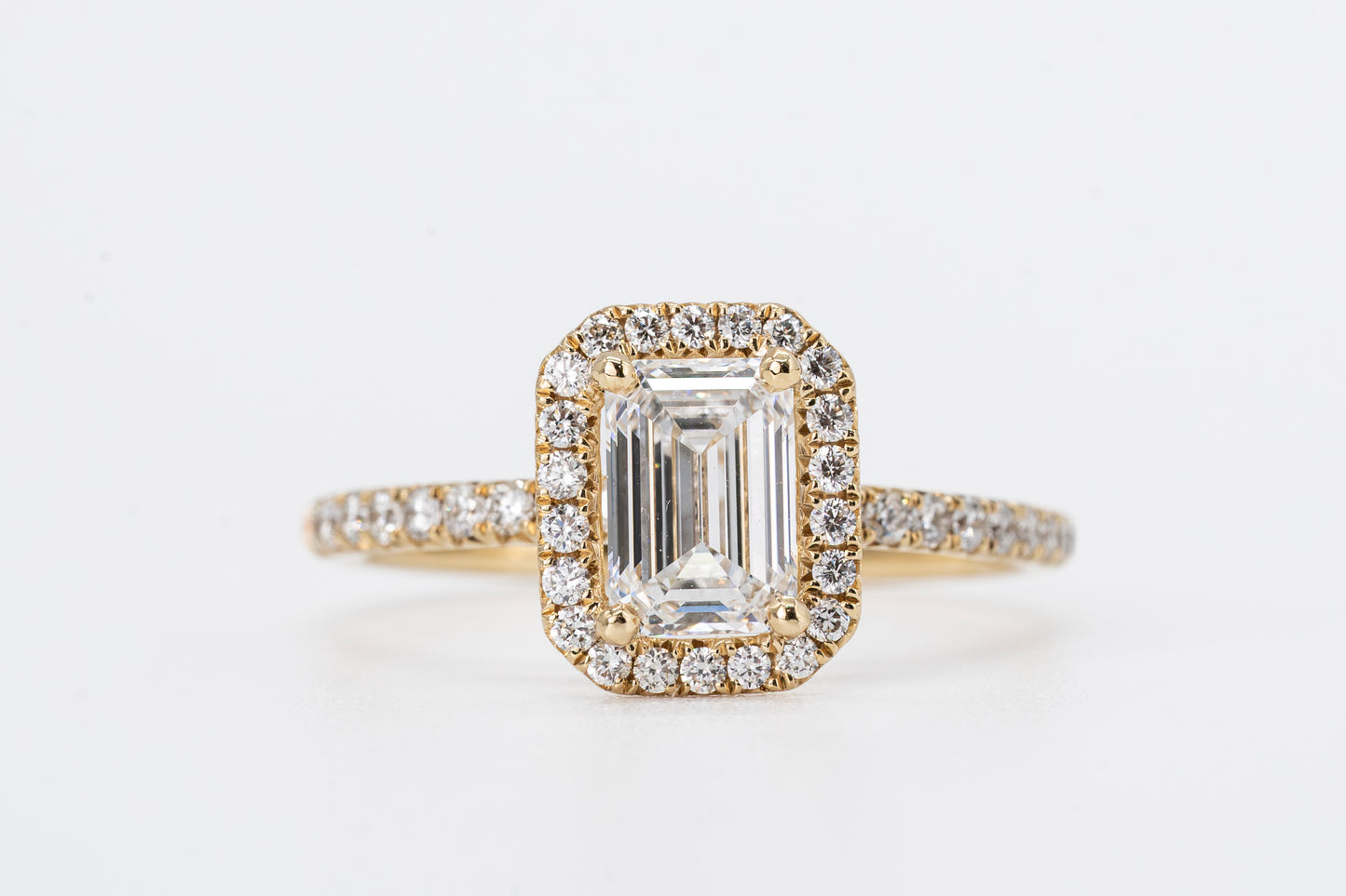 AURELINE - 18CT Yellow Gold, Emerald Cut Halo Ring