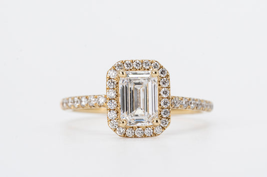 AURELINE - 18CT Yellow Gold, Emerald Cut Halo Ring