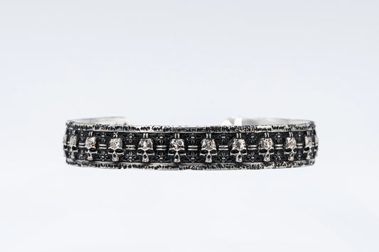 SS925 Skull Engraved Solid Silver Bracelet with 14K Yellow Gold Flecks