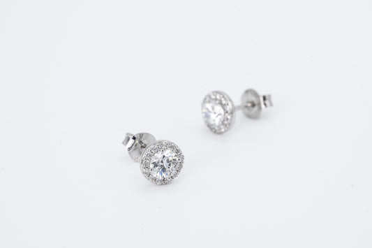 18CT White Gold - Round Diamond Halo Stud Earrings