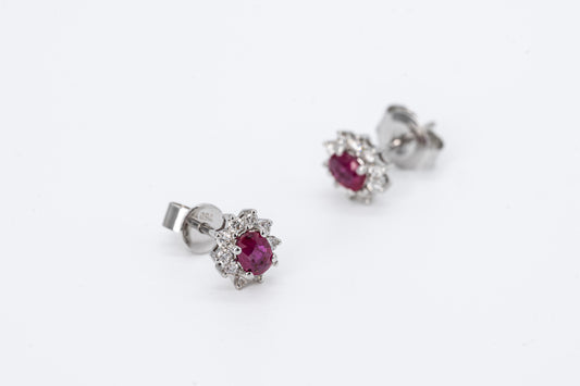 18CT White Gold Ruby Stud Earrings with Diamond Halo