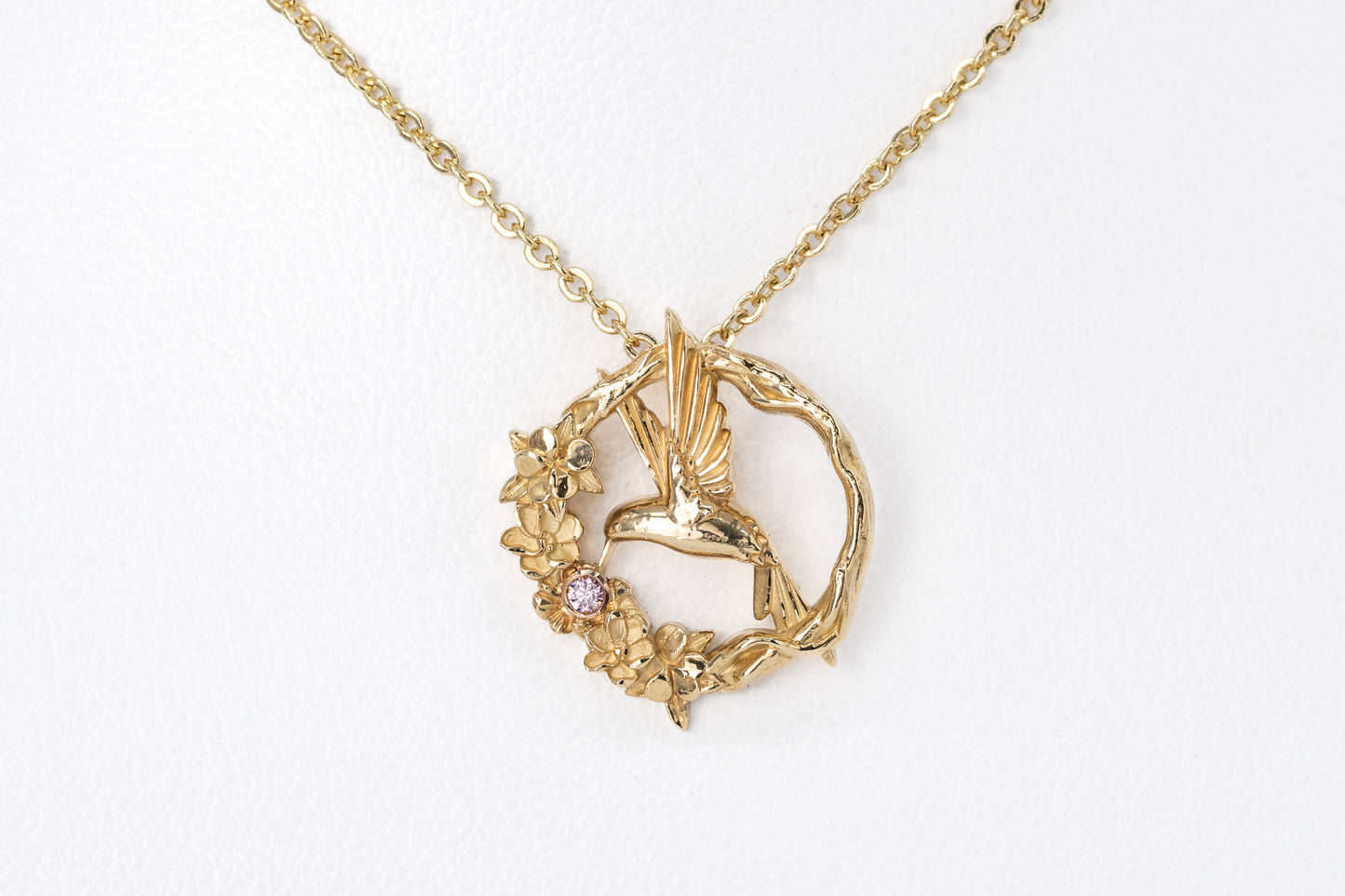 Hummingbird in Blossom - 18CT Yellow Gold, Argyle Pink Diamond Pendant