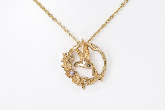 Hummingbird in Blossom - 18CT Yellow Gold, Argyle Pink Diamond Pendant